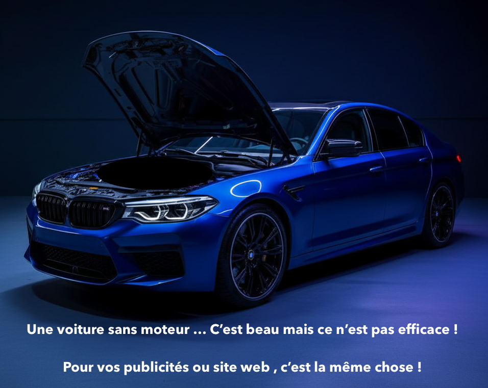 BMW de sport bleue avec le capot ouvert et sans moteur à l'intérieur